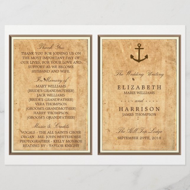 Nautical Anchor Vintage Paper Wedding Program (Front)