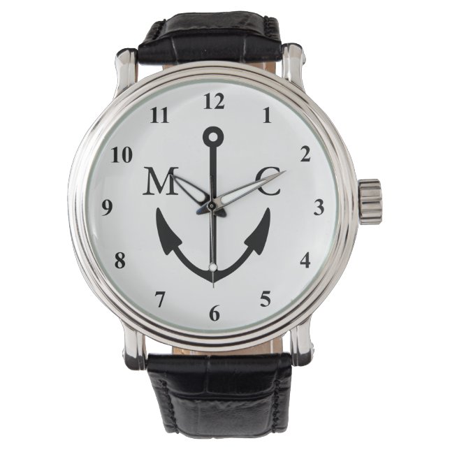 Nautical anchor watch with custom monogram initial (Front)