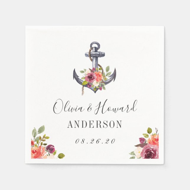 Nautical Anchor Watercolor Floral Wedding Knot Napkin (Front)
