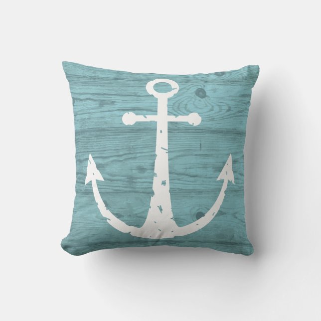 Nautical Anchor Weathered Wood Turquoise Cushion (Front)