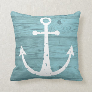 Nautical Anchor Weathered Wood Turquoise Cushion