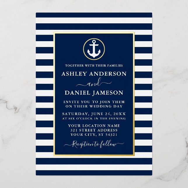 Nautical Anchor Wedding Blue Stripes Gold (Front)