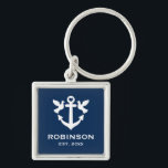 Nautical anchor wedding gift premium square key ring<br><div class="desc">Nautical anchor wedding gift premium square keychain. Navy blue and white anchor design with heart and doves. Add your own family name and established year date. Elegant typography template key chain for newly weds,  couple,  bride and groom,  friends,  guests,  sailor,  skipper etc.</div>