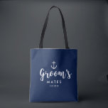 Nautical Anchor Wedding Groom's Mates Groomsmen Tote Bag<br><div class="desc">Surprise your Groomsmen (and others on the Groom's side) with this personalised tote bag. The nautical design features a white anchor set against a navy background and fun text that reads "Groom's Mates" A great size for wedding essentials: clothing, snacks, water, etc. The perfect go-to bag for a nautical, beach...</div>
