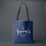 Nautical Anchor Wedding Groom's Mates Groomsmen Tote Bag<br><div class="desc">Surprise your Groomsmen (and others on the Groom's side) with this personalised tote bag. The nautical design features a white anchor set against a navy background and fun text that reads "Groom's Mates" A great size for wedding essentials: clothing, snacks, water, etc. The perfect go-to bag for a nautical, beach...</div>