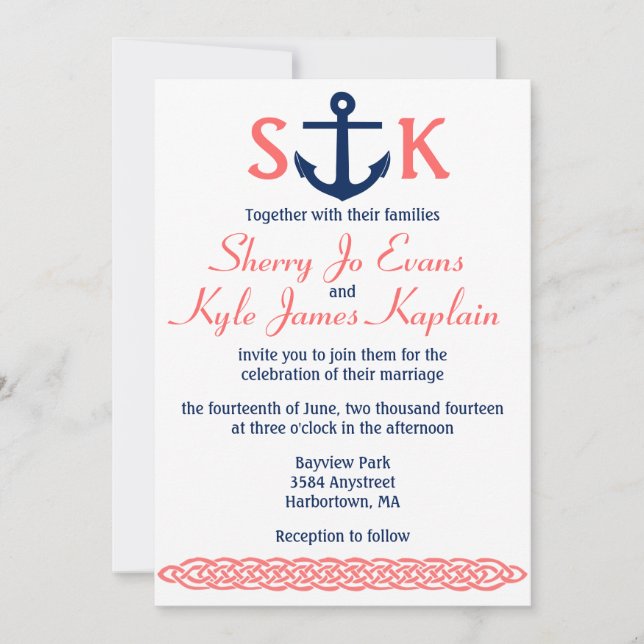 Nautical Anchor Wedding Invitation Navy and Coral (Front)