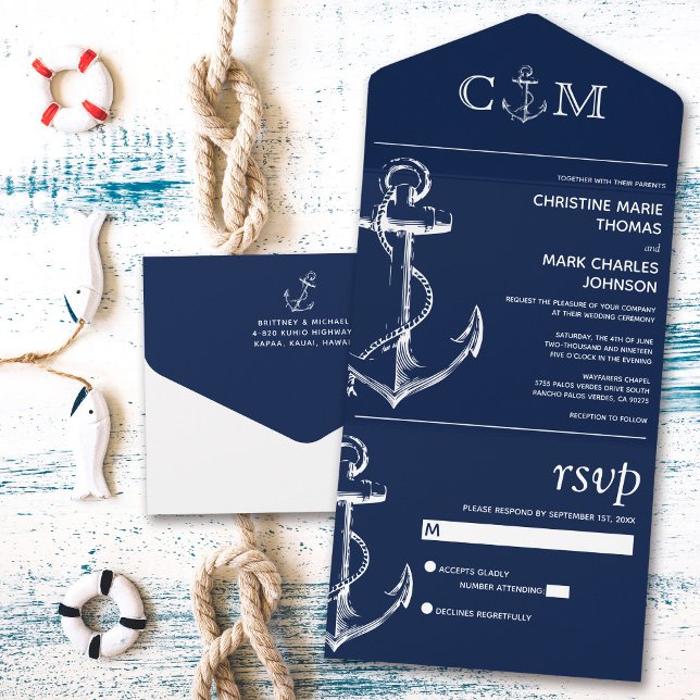 Nautical Anchor Wedding Navy Blue All In One Invitation (Creator Uploaded)