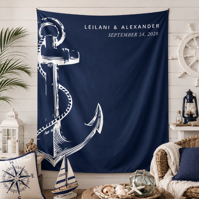 Nautical Anchor Wedding Tapestry (Nautical anchor wedding backdrop that is modern and simple for a classic beach reception.)