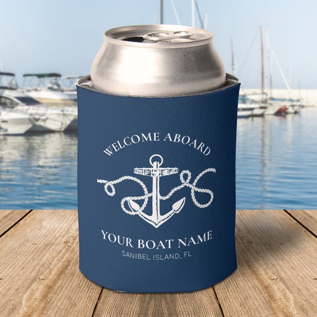 Nautical Anchor Welcome Aboard Boat Name Can Cooler (Creator Uploaded)