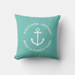 Nautical anchor welcome aboard personalised pillow