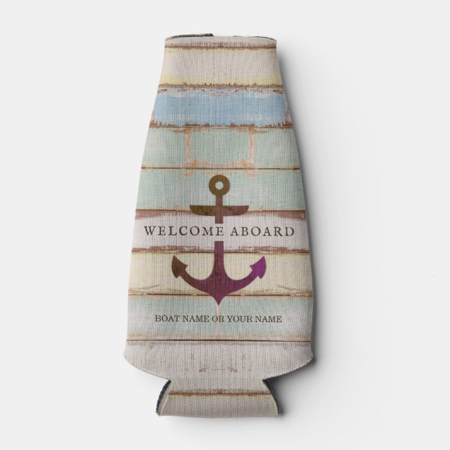 Nautical Anchor WELCOME ABOARD Rustic Boat Name Bottle Cooler (Front)