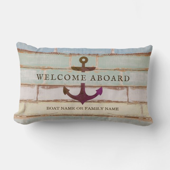 Nautical Anchor WELCOME ABOARD Rustic Boat Name Lumbar Cushion (Front)