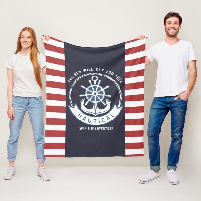 Nautical Anchor,Wheel, Navy Blue,Red Stripes Fleece Blanket (In Situ)