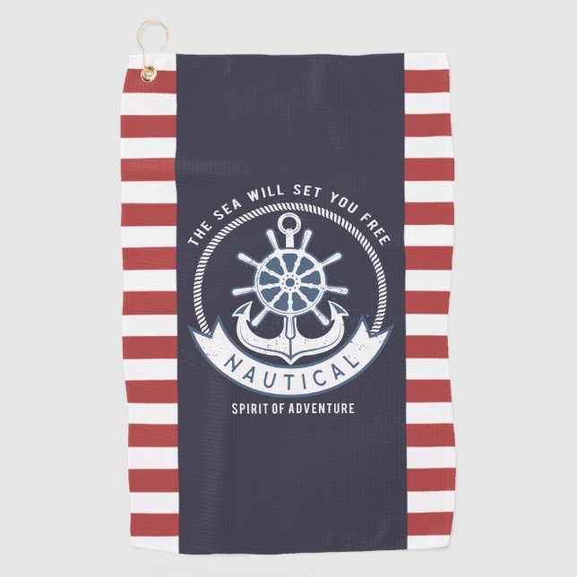 Nautical Anchor,Wheel, Navy Blue,Red Stripes Golf Towel (Front)