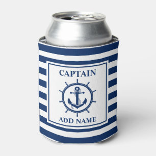 Nautical Anchor Wheel Striped Captain Name Can Cooler