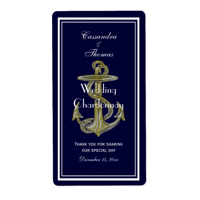 Nautical Anchor White Navy V Wine Bottle (Front)