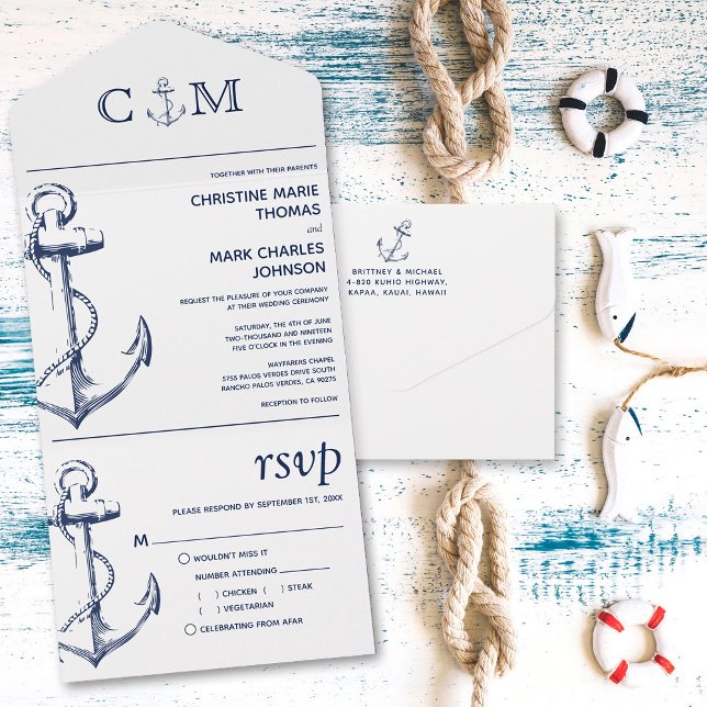 Nautical Anchor White Wedding  All In One Invitation (Creator Uploaded)