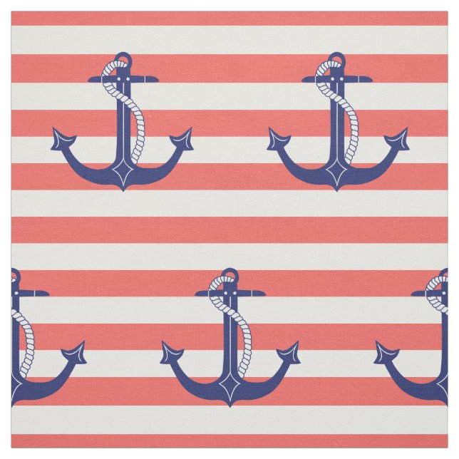 Nautical Anchor with Coral Stripes Fabric (Swatch)