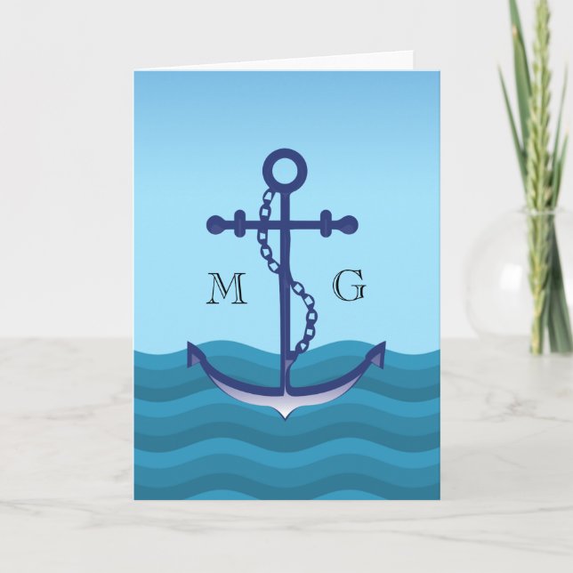 Nautical Anchor with Double Monogram Note Card (Front)