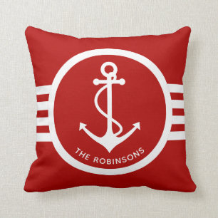 Nautical Anchor with Family Name Red and White Cushion