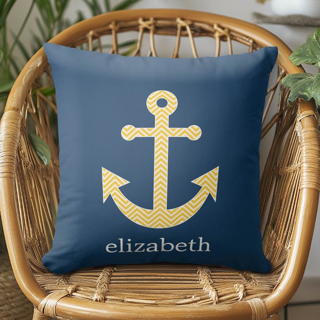 Nautical Anchor with Navy Yellow Chevron Pattern Cushion (Custom Pillow)
