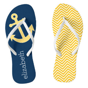 Nautical Anchor with Navy Yellow Chevron Pattern Jandals