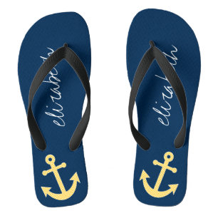 Nautical Anchor with Navy Yellow Chevron Pattern Jandals