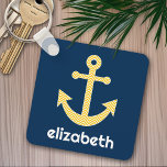 Nautical Anchor with Navy Yellow Chevron Pattern Key Ring<br><div class="desc">Trendy and Preppy Patterns - A classic and elegant design with chevrons and an area to add your name or monogram.</div>