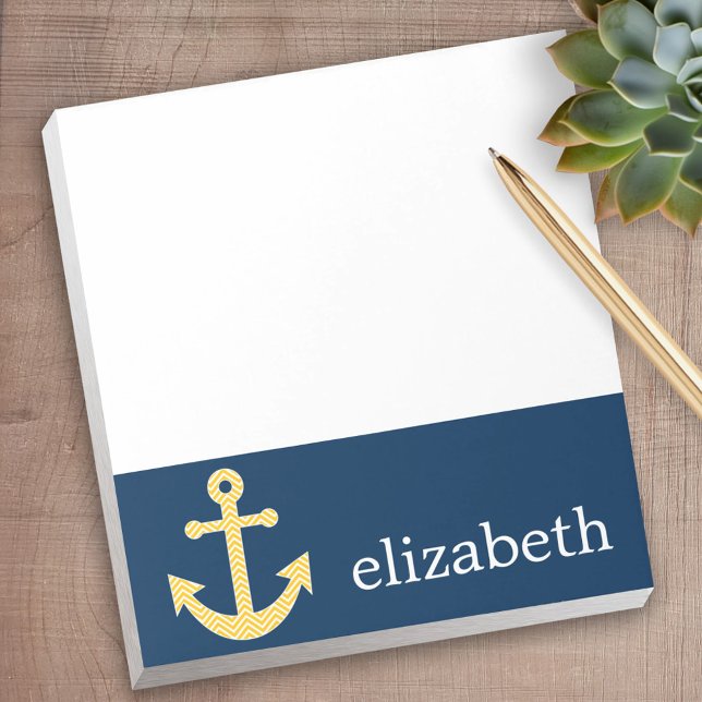 Nautical Anchor with Navy Yellow Chevron Pattern Notepad (Personalized notepad - great for a gift or your home office)