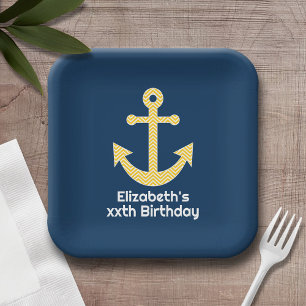 Nautical Anchor with Navy Yellow Chevron Pattern Paper Plate