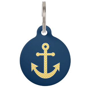 Nautical Anchor with Navy Yellow Chevron Pattern Pet Tag