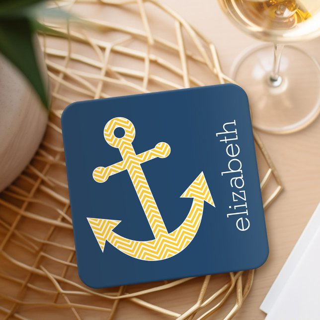 Nautical Anchor with Navy Yellow Chevron Pattern Square Paper Coaster (Personalized Coaster with a nautical anchor)