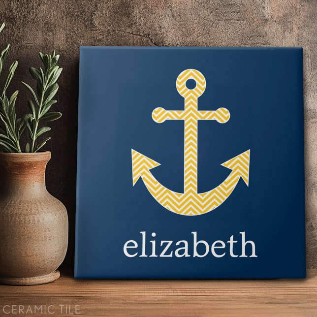 Nautical Anchor with Navy Yellow Chevron Pattern Tile (Custom Tile)