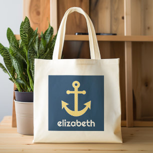 Nautical Anchor with Navy Yellow Chevron Pattern Tote Bag