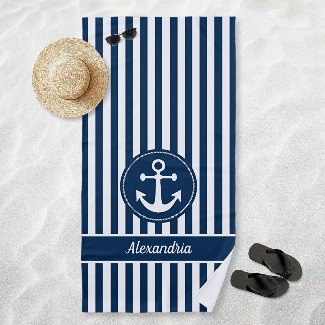 Nautical Anchor with Rope Navy Blue Stripes Beach Towel (Personalized Nautical Anchor with Rope Navy Blue Stripes Beach Towel)