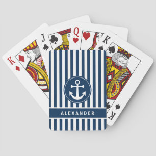 Nautical Anchor with Rope Navy Blue Stripes Playing Cards