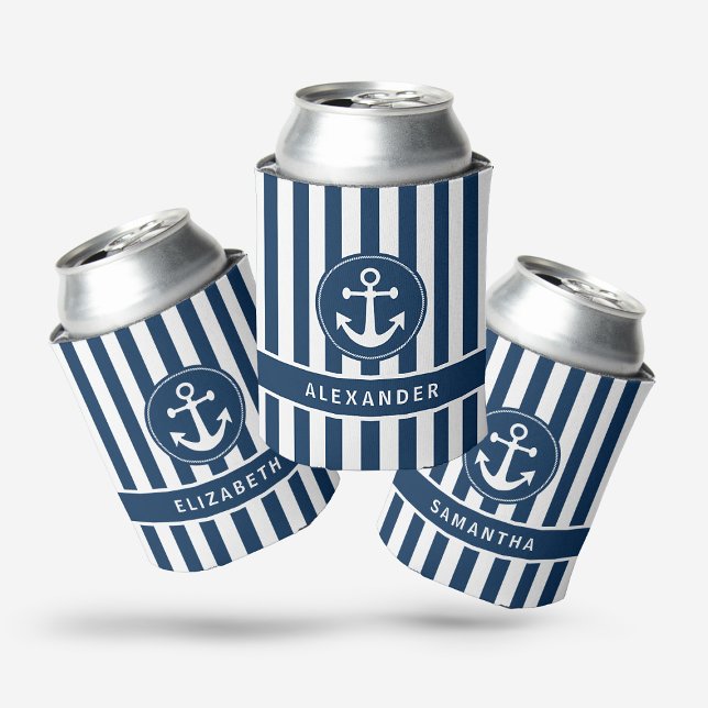 Nautical Anchor with Rope on Navy Blue Stripes Can Cooler (Creator Uploaded)