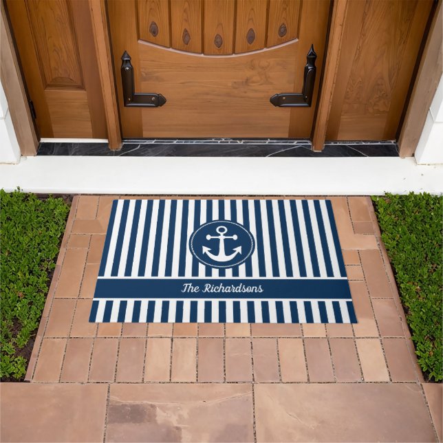 Nautical Anchor with Rope on Navy Blue Stripes Doormat (Outdoor)