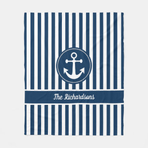 Nautical Anchor with Rope on Navy Blue Stripes Fleece Blanket