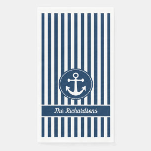 Nautical Anchor with Rope on Navy Blue Stripes Napkin