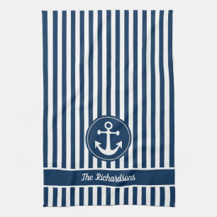 Nautical Anchor with Rope on Navy Blue Stripes Tea Towel
