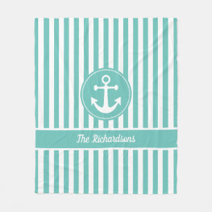 Nautical Anchor with Rope Teal and White Stripes Fleece Blanket