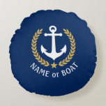 Nautical Anchor Your Boat Name Gold Laurel Navy Round Cushion<br><div class="desc">Personalise your home with round throw pillows displaying your boat name, family name or other desired text. Featuring a custom designed nautical boat anchor, gold style laurel leaves and star emblem on navy blue or easily adjust the primary colour to match your current theme. Perfect for your sailboat, beach house,...</div>