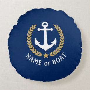 Nautical Anchor Your Boat Name Gold Laurel Navy Round Cushion