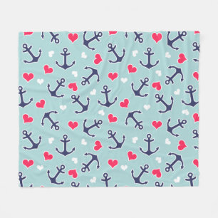 Nautical Anchors and Hearts Pattern Fleece Blanket