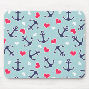 Nautical Anchors and Hearts Pattern Mouse Pad