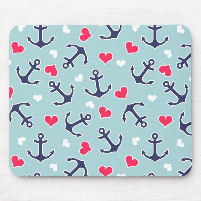 Nautical Anchors and Hearts Pattern Mouse Pad (Front)