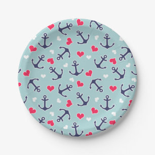 Nautical Anchors and Hearts Pattern Paper Plate