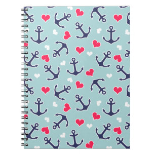 Nautical Anchors and Hearts Pattern Spiral Notebook