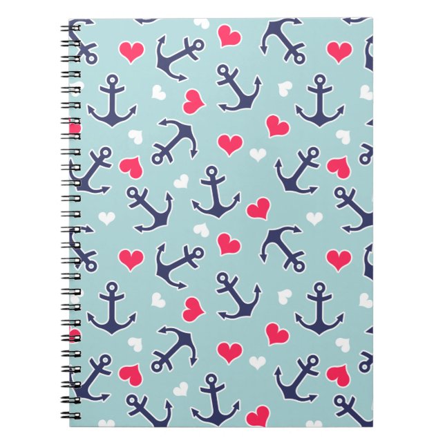 Nautical Anchors and Hearts Pattern Spiral Notebook (Front)